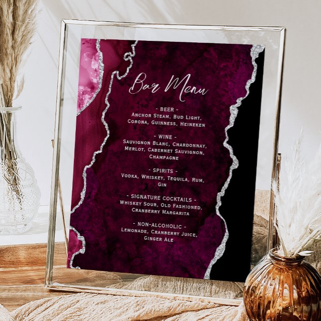 Burgundy Red Silver Agate Script Wedding Bar Menu  Poster (Von Creator hochgeladen)