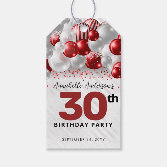 Burgundy Red Silver Balloon Glitzer Gunst Birthday Geschenkanhänger (Vorderseite)