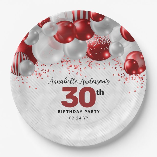 Burgundy Red Silver Balloon Glitzer Gunst Birthday Pappteller (Vorderseite)