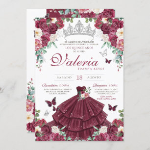 Burgundy Red & Silver Butterfly Floral Quinceañera Einladung