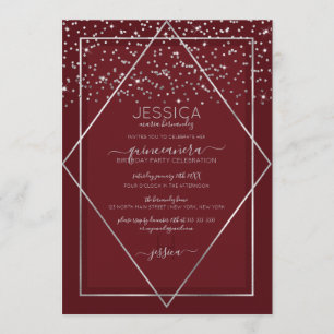 Burgundy Red Silver Confetti Border Quinceañera Einladung