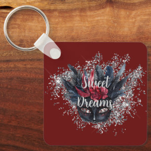 Burgundy Red Silver Glitzer Feathered Mask Schlüsselanhänger