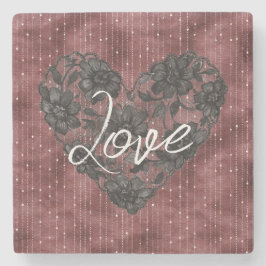 Burgundy Red Stripes Black Floral Faux Lace Heart Steinuntersetzer