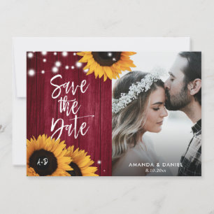 Burgundy Red Sunflower Save The Date Photo Cards