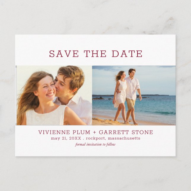 Burgundy Red Text 3 Foto Wedding Save the Date Ankündigungspostkarte (Vorderseite)