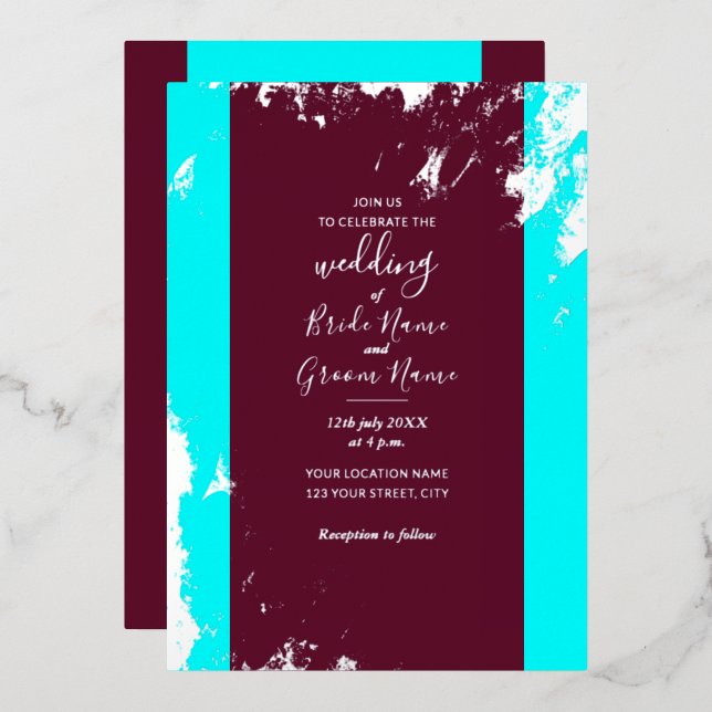 Burgundy Red Turquoise Blue Silver Grain Elegante Folieneinladung (Vorderseite/Rückseite)
