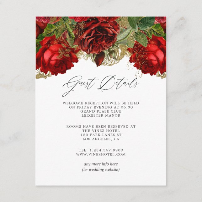 Burgundy Red und Gold Vintage Rose Gästebuchdetail Begleitkarte (Vorderseite)