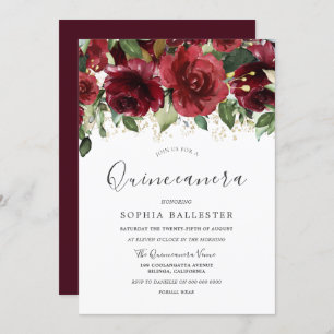 Burgundy Red Watercolor Blume Quinceanera Party Einladung