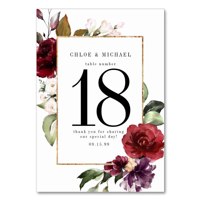 Burgundy Red Watercolor Floral Wedding Tischnummer (Vorderseite)