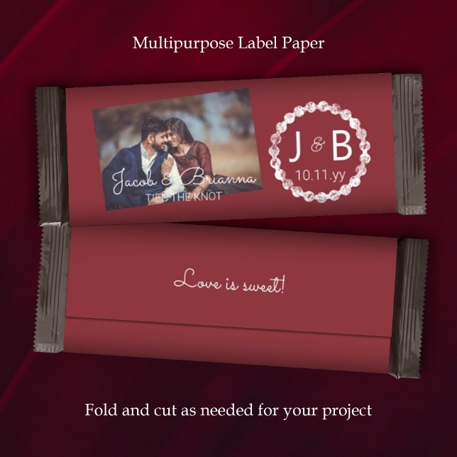 Burgundy Red Wedding Candy Bar Wrapper mit Foto (burgundy dark red maroon wedding chocolate candy bar wrapper paper label party favor personalized)
