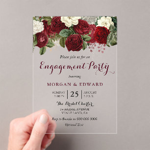 Burgundy Red White Floral Engagement Party Acryleinladungen