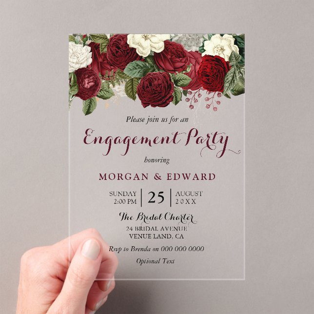 Burgundy Red White Floral Engagement Party Acryleinladungen (Insitu (Handheld))