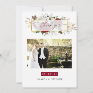 Burgundy Red & White Floral Wedding Foto Collage Dankeskarte
