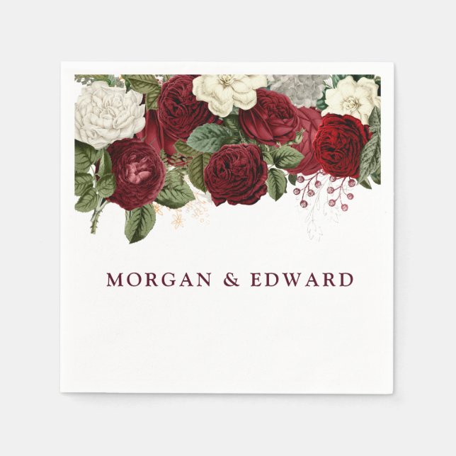 Burgundy Red White Floral Wedding Verlobung Serviette (Vorderseite)