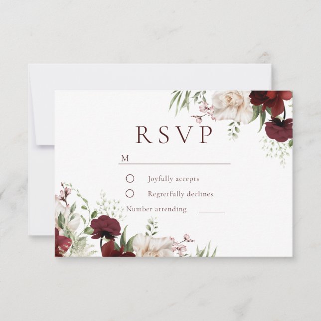 Burgundy Red & White Flowers Elegant Wedding RSVP Karte (Vorderseite)