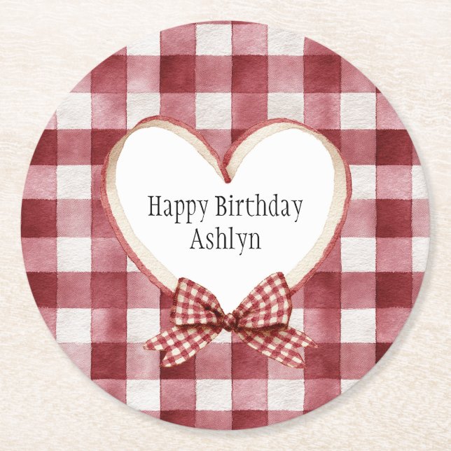 Burgundy Red White Heart Ribbon Birthday Runder Pappuntersetzer (Vorderseite)