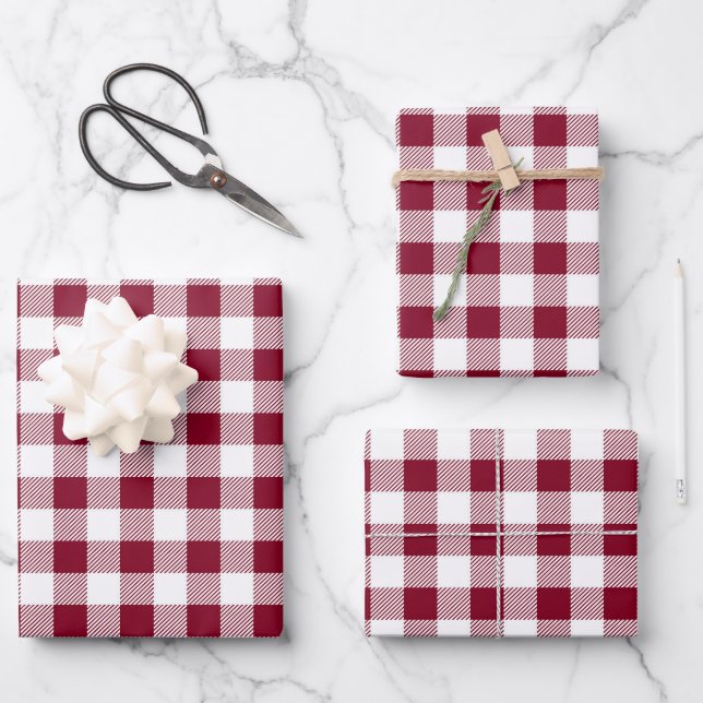 Burgundy Red White Kariert Pattern Geschenkpapier Set (Vorderseite)