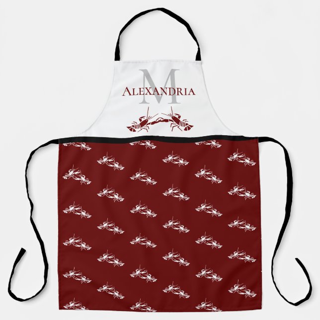 Burgundy Red White Monogram Name Lobster Muster Schürze (Vorderseite)