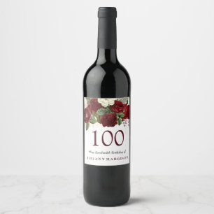 Burgundy Red White Rose 100. Geburtstagsparty Weinetikett