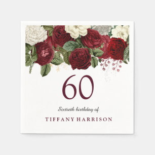 Burgundy Red White Rose 60. Geburtstagsparty Serviette