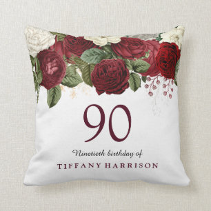 Burgundy Red White Rose 90. Geburtstagsgeschenk Kissen
