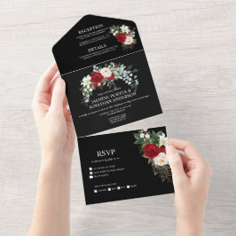 Burgundy Red & White Roses auf Black Wedding All In One Einladung