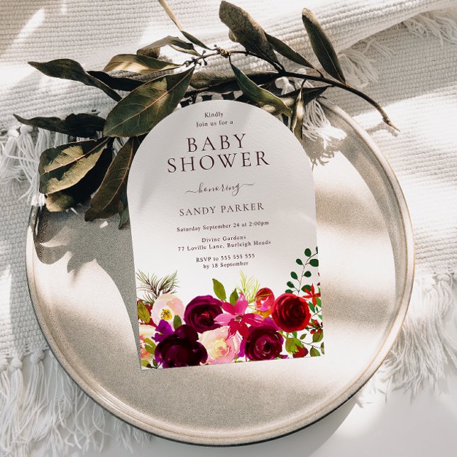 Burgundy Red Wine Boho Floral Baby Dusche Einladung (Von Creator hochgeladen)