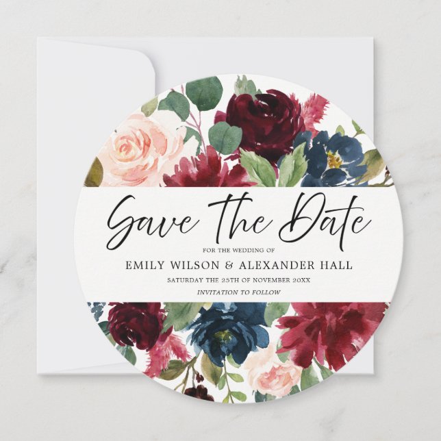 Burgundy Red Wine Floral Script Foto Wedding Save The Date (Vorderseite)