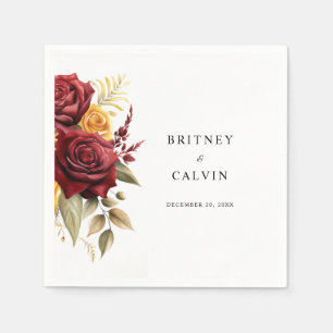 Burgundy Red Yellow Roses Floral Elegante Hochzeit Serviette