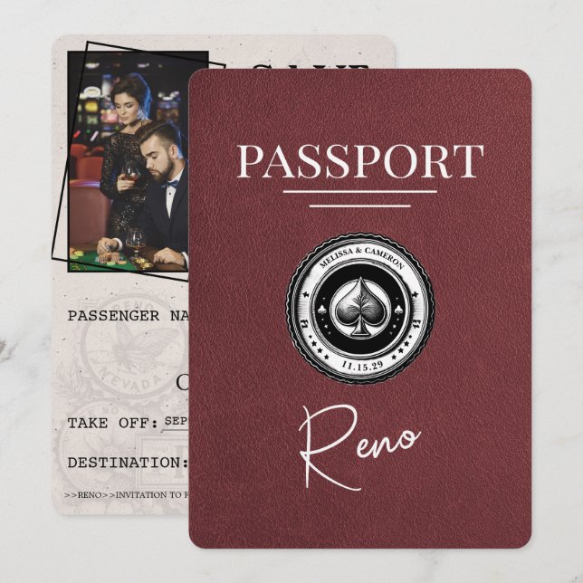 Burgundy Reno Passport Save the Date (Vorne/Hinten)