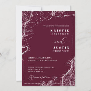 Burgundy Retro Travel QR Code Foto Wedding Einladung