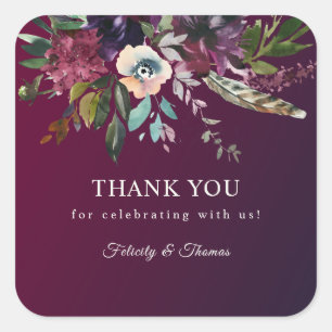 Burgundy Romance Watercolor Floral Vielen Dank Quadratischer Aufkleber