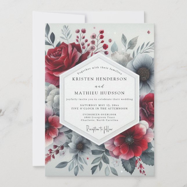 Burgundy Romantic Bloom Wedding Einladung (Vorderseite)