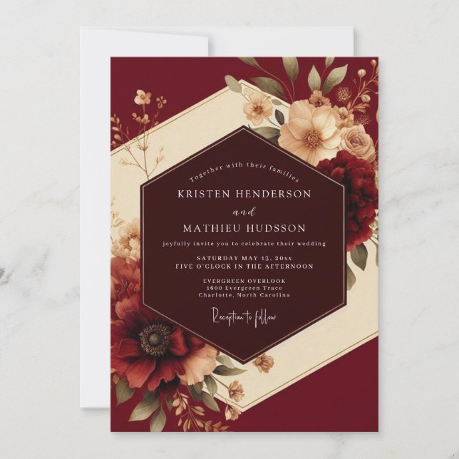 Burgundy Romantic Flora Wedding Einladung (Vorderseite)