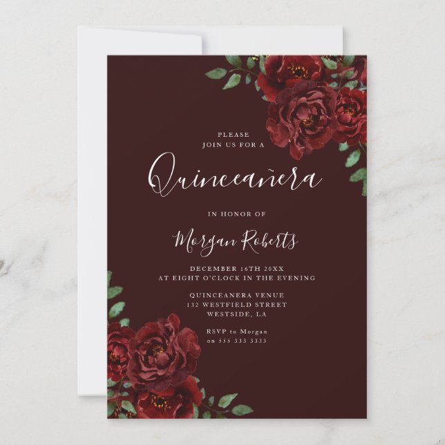 Burgundy Romantic Red Roses Quinceanera Party Einladung (Vorderseite)