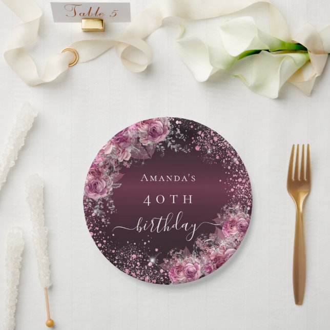 Burgundy rosa Blumenname Eleganter Geburtstag Pappteller (Hochzeit)