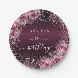 Burgundy rosa Blumenname Eleganter Geburtstag Pappteller
