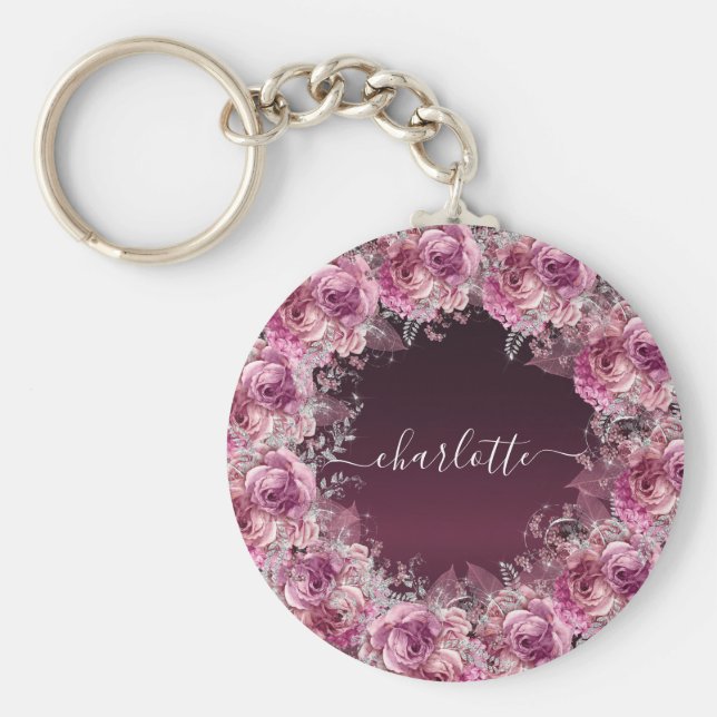 Burgundy Rosa Blumenschrift Schlüsselanhänger (Vorne)