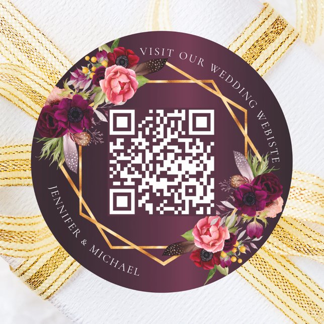 Burgundy rosa Flora Gold geometrische QR Hochzeit Runder Aufkleber (Von Creator hochgeladen)