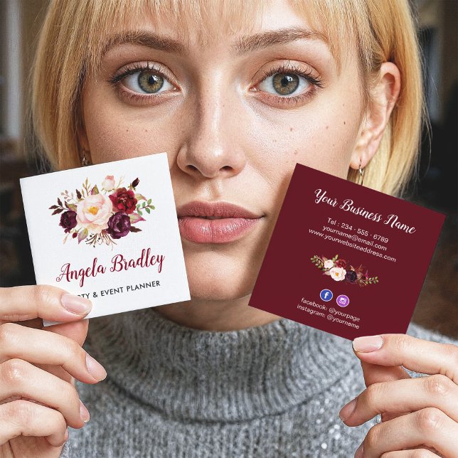 Burgundy Rosa Floral Rustikaler Chic Persönlich Quadratische Visitenkarte (Von Creator hochgeladen)