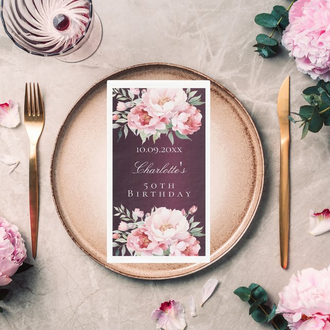 Burgundy rosa Rosenflorchen Eleganter Geburtstag Serviette (Von Creator hochgeladen)