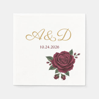 Burgundy Rose and Gold Foil Wedding Monogram Napki Serviette