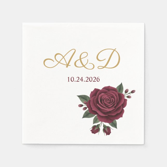 Burgundy Rose and Gold Foil Wedding Monogram Napki Serviette (Vorderseite)