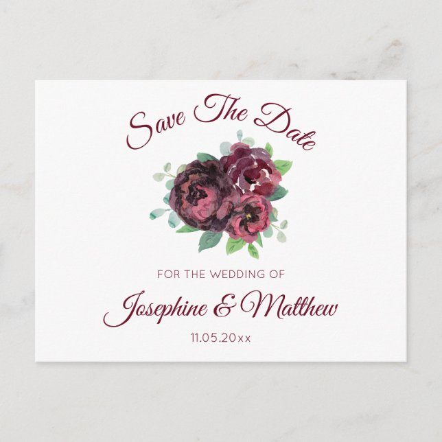 Burgundy Rose Bouquet Save the Date Ankündigungspostkarte (Vorderseite)