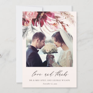 Burgundy Rose Floral Pampas Grass Foto Hochzeit Dankeskarte