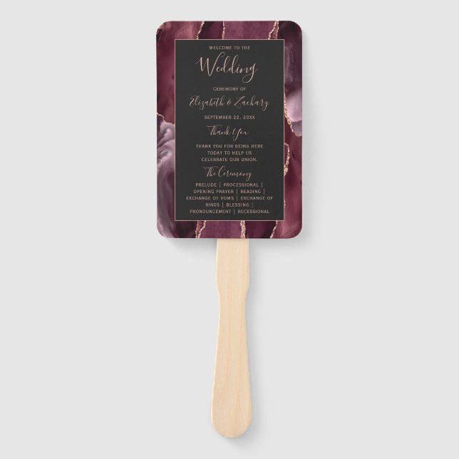Burgundy Rose Gold Agate Dark Wedding Program Fächer (Vorderseite)