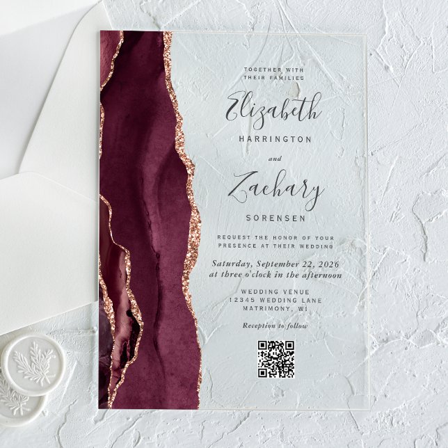 Burgundy Rose Gold Agate QR Code Wedding Acryleinladungen (Von Creator hochgeladen)