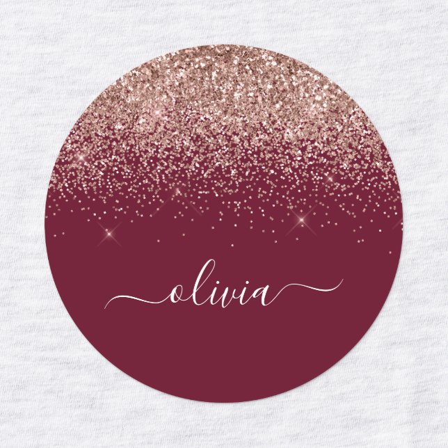 Burgundy Rose Gold Blush Pink Glitzer Monogram Etiketten (Design 1)