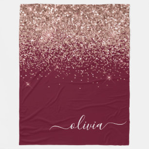 Burgundy Rose Gold Blush Pink Glitzer Monogram Fleecedecke