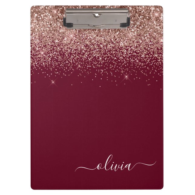 Burgundy Rose Gold Blush Pink Glitzer Monogram Klemmbrett (Vorderseite)